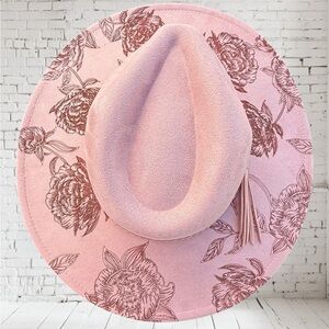 Custom Engraved Peonies Soft Pink Wide Brim Felt Hat | Womens Adjustable